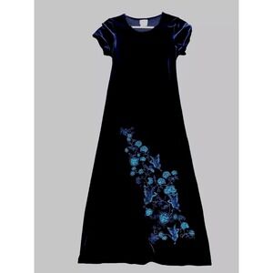 Brooke Lindsay Youth Girls Size Large Velvet Navy Blue w/teal butterflies Floral